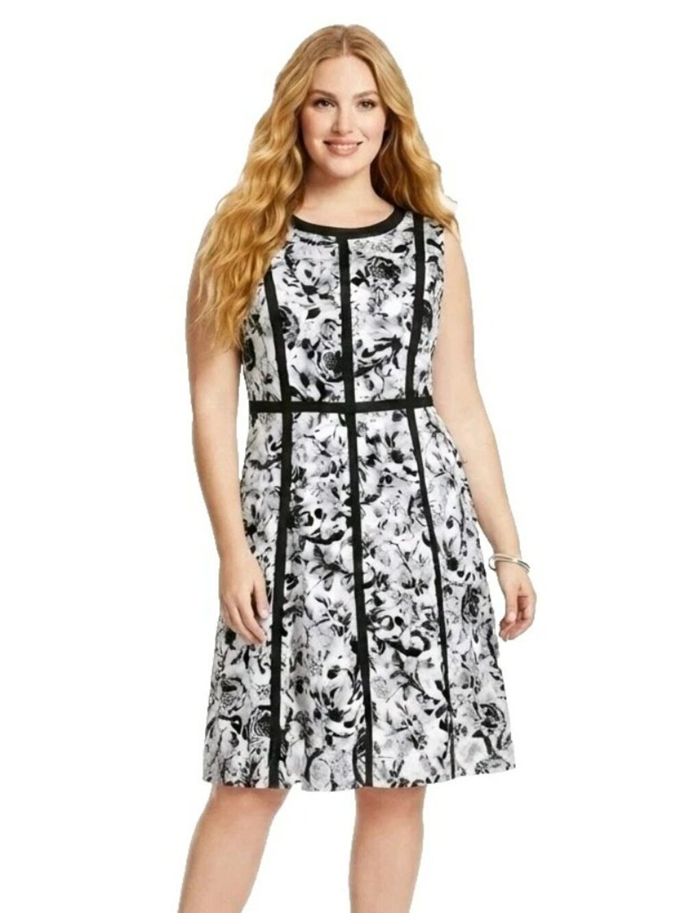 Talbots Midi Dress Size 18W Gray Floral Black Trim Sleeveless Back Zip Lined New